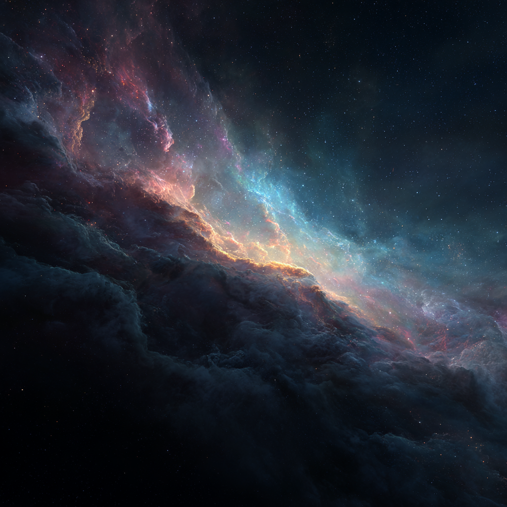 Sweeping nebula of blue, pink, and orange gas clouds stretching across a star-filled expanse of deep space